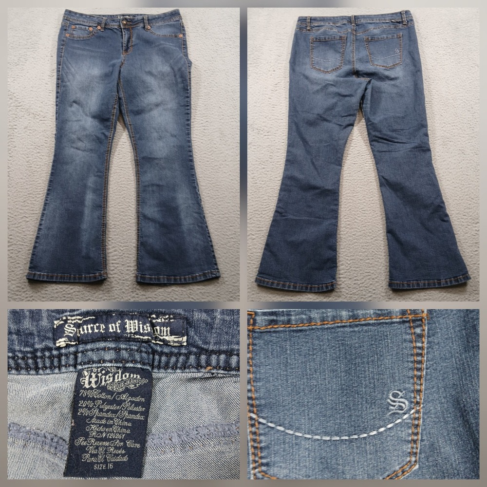 Source of Wisdom Flare Leg Jeans Womens Size 16 Blue Denim Stretch EUC